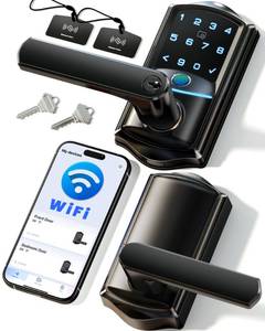 lot 15104 image: Veise VE029 WiFi Smart Lever Lock, Fingerprint Keyless Entry Door Lock with Handle, Built-in WiFi, Remote App Control, Electronic Digital Knob for Front Door and Bedroom, IP65 Waterproof, Matte Black - Retail $89