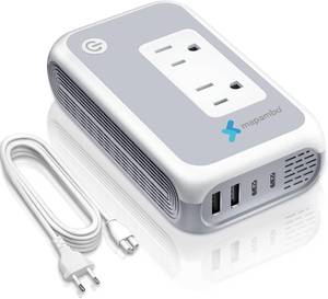lot 15115 image: 220V to 110V Voltage Converter US to Europe for Curling Iron and Hair Straighteners, Power Converter for European Travel Plug Adapter with 2 USB A & 2 USB C Ports (White)