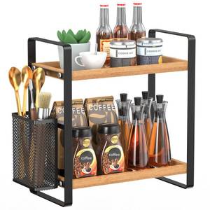 lot 15131 image: LEMIKKLE 2-Tier Coffee Bar Organizer With Basket,Wooden Counter Shelf for Coffee Bar Accessories,Kitchen Spice Rack Organizer for Countertop-Brown - Retail $22
