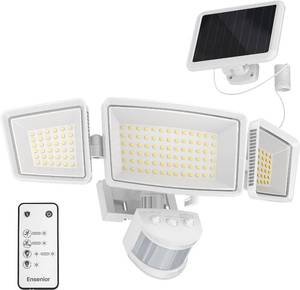 lot 15133 image: Ensenior 5 Motion Sensor Modes Solar Security Light, 1800LM 270° Wide Angle 3 Heads LED Flood Lights, IP65 Waterproof Wall Lights, Separate Solar Panel Remote Control Solar Lights Outdoor - Retail $40