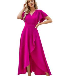 lot 15143 image: ZZV Formal Dresses for Women,Gowns Evening Party Cocktail Dress,Long Split Elegant V Neck Wrap Ruffle Wedding Guest Dresses Magenta-XL - Retail $68