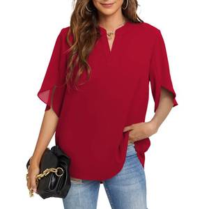 lot 15145 image: Funlingo Womens Summer Tops Short Sleeve Business Casual Shirts V Neck Chiffon Dressy Blouse Ladies Work Blusas de Mujer Red Large - Retail $17