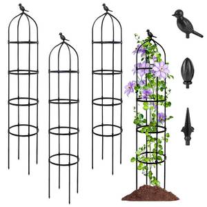 lot 62736 image: 4-Pack 6FT Garden Obelisk Trellis for Climbing Plants,Adjustable 4-Tier Metal Plant Support,Rustproof Outdoor Plant Tower with 3 Decorative Tops for Roses,Tomatoes,Clematis & Vines,Black - Retail $70