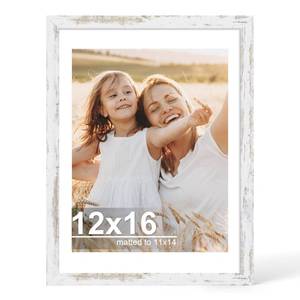 lot 62739 image: Hongkee 12x16 Picture Frame with Glass, Display Picture 11x14 with Mat or 12x16 Without Mat, 11 by 14 Photo Wooden Frames for Wall Mounting (Distressed White, 1 Pack) - Retail $19
