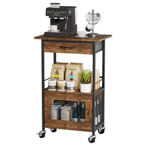 lot 62745 image: SWTYMIKI Buffets Coffee Bar Cabinet - Rolling Kitchen Rack, Farmhouse Small Coffee Stand with Storage Drawer and Door Cabinet - Kitchen Microwave Stand for Apartment, Living Room, Entryway, Espresso - Retail $53