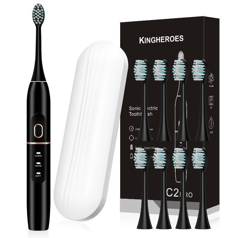 lot 22927 image: kingheroes Electric Toothbrush Set, Comes with 8 Brush Heads & Travel Case,4 Modes with 2 Minutes Built in Smart Timer, One Charge for 60 Days, 42000 VPM Motor (Black) - Retail $10