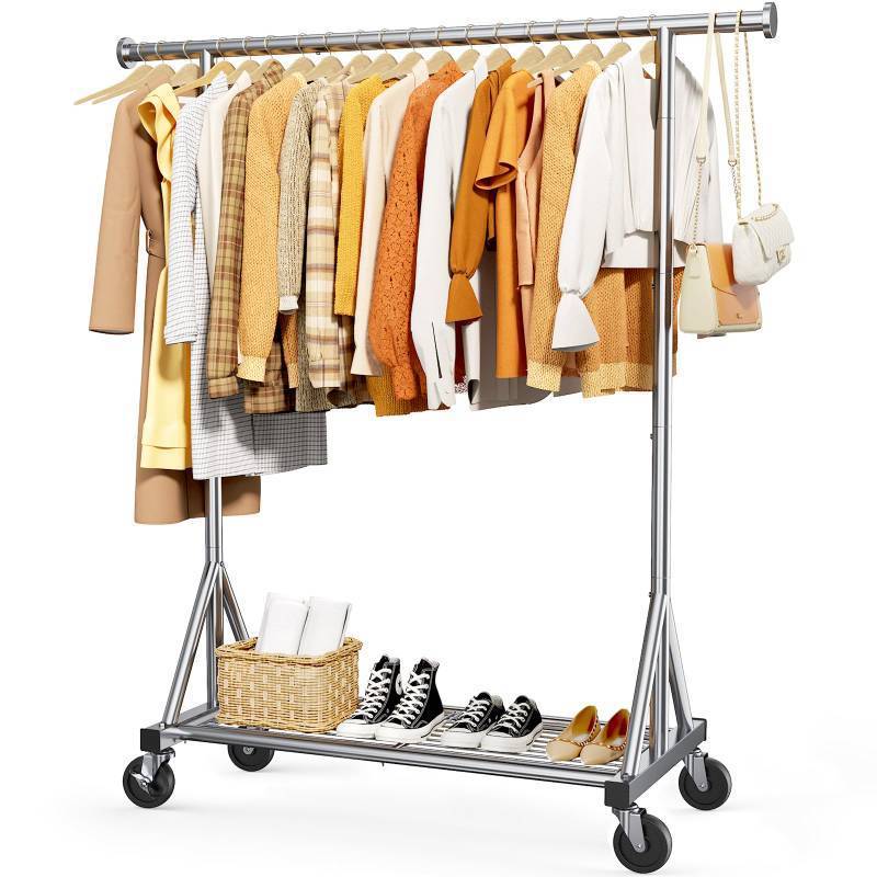 lot 62122 image: Sakugi Heavy Duty Stainless Steel Rolling Clothes Rack with Mesh Shelf, Lockable Wheels & Anti-Slip Stoppers, Large Capacity Clothing Organizer for Bedroom, Laundry Room, 42.5 x 16.5 x 65.9, Silver - Retail $50