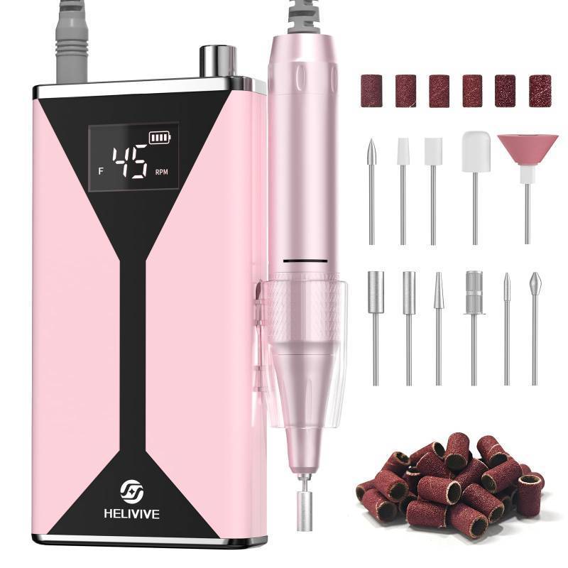 lot 23824 image: HELIVIVE Professional Electric Nail Drill 45000RPM (Portable & Rechargeable) (with 11 Drill Bits ) Cordless Nail File Machine for Shaping, Polishing & Removing Gel Nails for Salon Home (Pink) - Retail $28