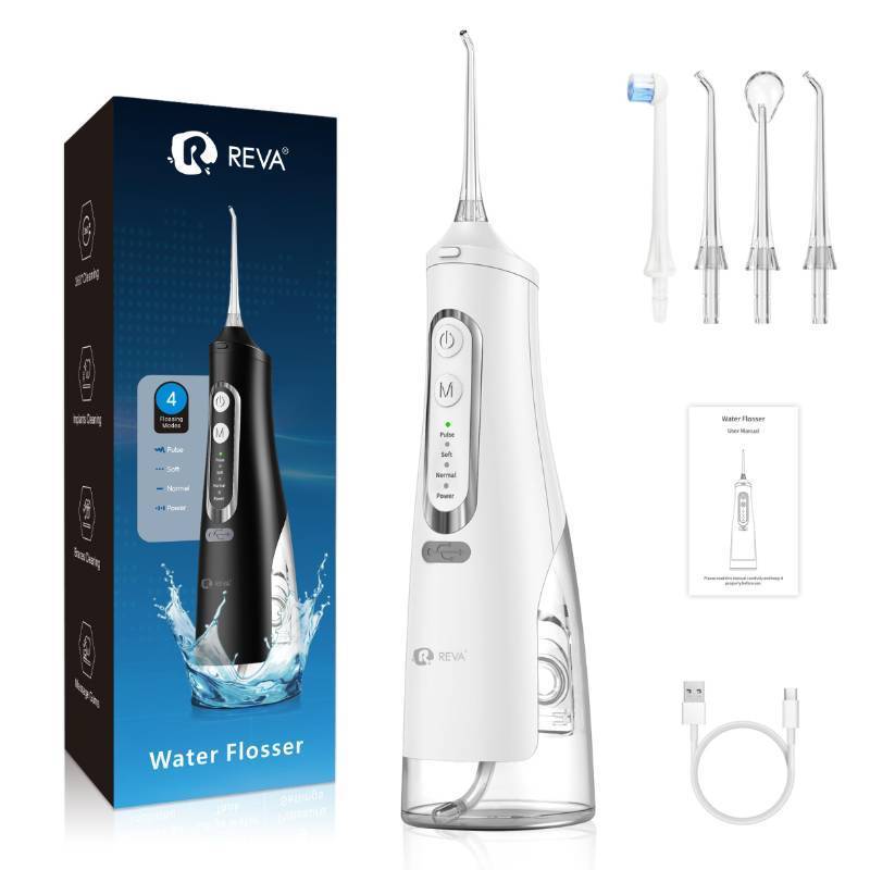 lot 23834 image: R REVA Cordless Dental Water Flosser for Teeth, Gums & Braces - Electric Oral Irrigator 310ML, 4 Modes, Rechargeable, 4 Jet Tips, Smart Memory, 360° Nozzle, IPX7 Waterproof & Low Noise (M209 - White) - Retail $29