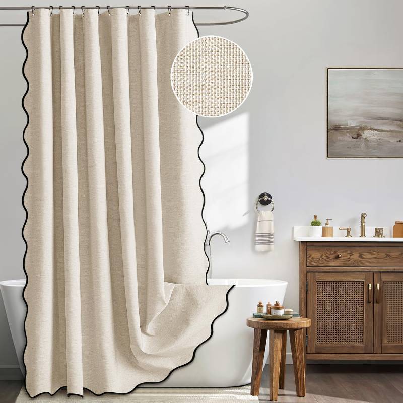 lot 25164 image: MIULEE 90 Long Scalloped Shower Curtain Linen Textured with 12 Metal Hooks Cute Extra Long Heavy Duty Washable Waterproof Cloth Shower Curtains with Black Border for Bathroom Hotel Bathtub,Beige - Retail $31
