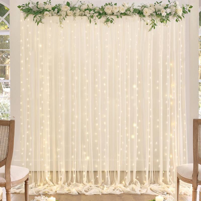 lot 31308 image: Champagne Tulle Backdrop Curtain with Lights String for Parites Wedding 5x8ft Champagne Sheer Backdrop Curtains for Bridal Shower Baby Shower Birthday Party Photo Booth Background Decorations - Retail $21