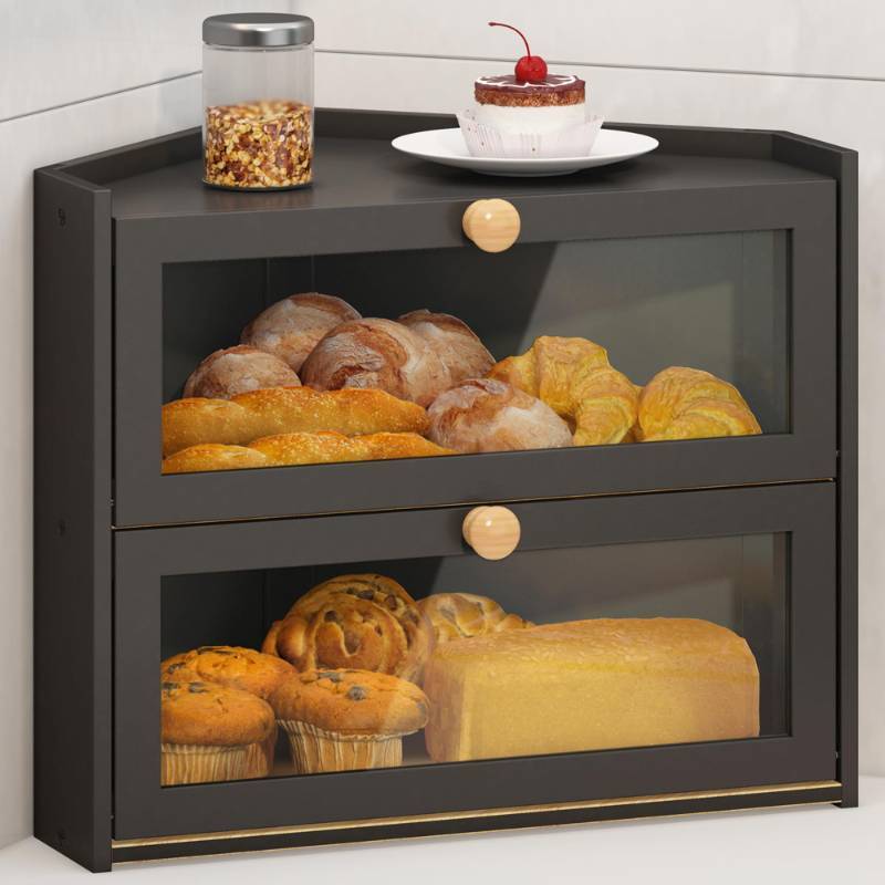 lot 60505 image: JANSNIMEN Black Corner Bread Box for Kitchen Countertop, Large Bread Container Storage Bamboo Wooden Farmhouse Bread Box with Window Bread Holder - Retail $43