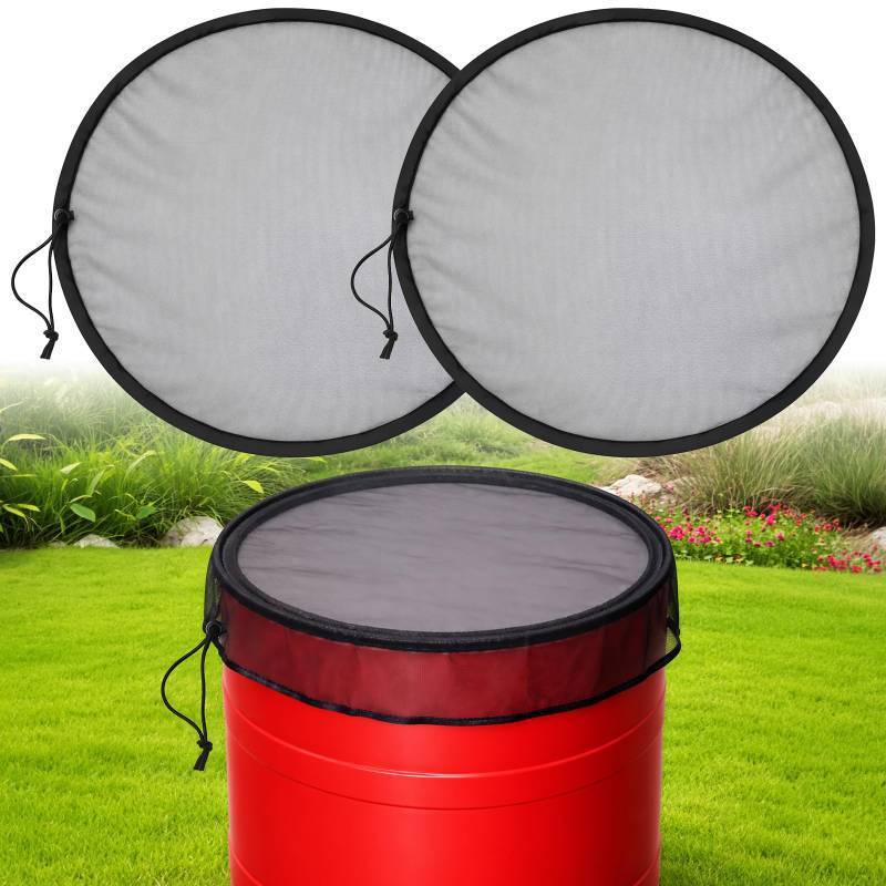lot 27933 image: 2Pcs Mesh Cover for Rain Barrels - 23.6in Rain Barrel Netting with Drawstring - Water Collection Buckets Tank Protector Screen for Preventing Fallen Leaves in Outdoor Garden Eaves - Retail $7
