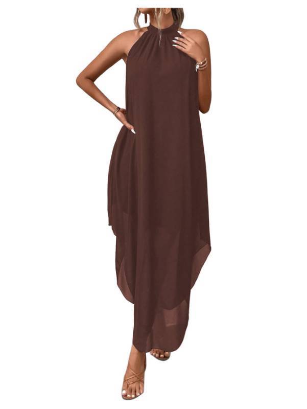lot 18461 image: Verdusa Womens Wedding Guest Dress Halter Flowy Chiffon Asymmetrical Long Summer Prom Dress Brown Large small stain  on front - Retail $50