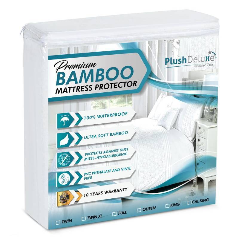 lot 25975 image: PlushDeluxe Premium Bamboo Mattress Protector Queen Size, Waterproof, & Ultra Soft Breathable Noiseless Washable Bed Mattress Cover for Comfort & Protection - White - Retail $38