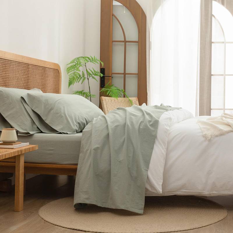 lot 26003 image: BESTOUCH Sheet Set 100% Washed Cotton Linen Feel Super Soft Comfortable Chic Lightweight 4 Pcs Home Bedding Set Solid Sage Green Full - Retail $70