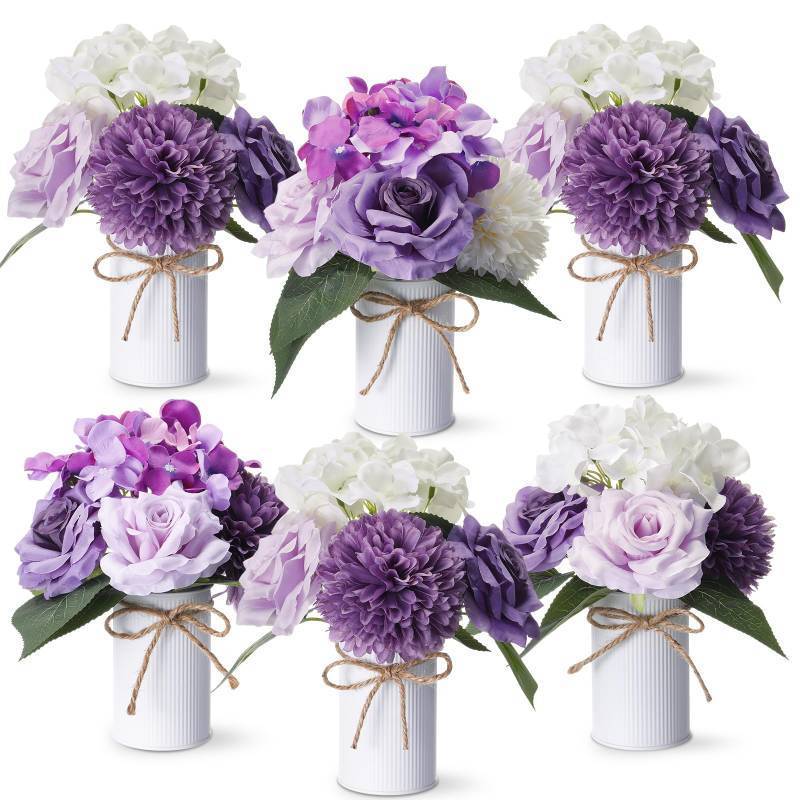 lot 26030 image: Zeyune 6 Sets Artificial Spring Centerpiece for Tables Fake Purple Plants with Galvanized Pots Farmhouse Purple Flowers Bouquet for Wedding Home Office Rustic Decor - Retail $42