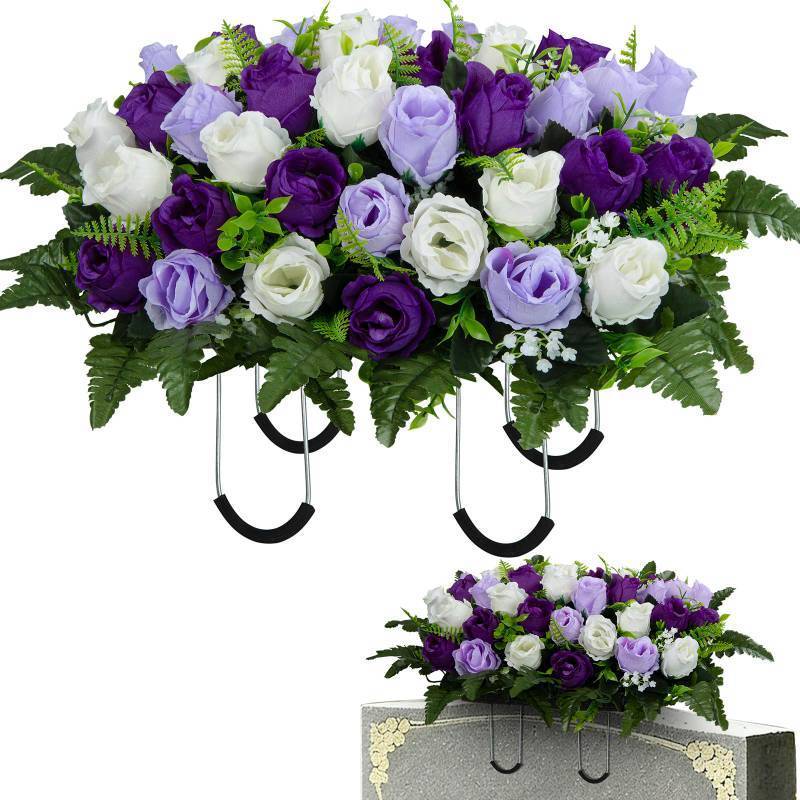 lot 25798 image: Kukooka Artificial Cemetery Flowers for Grave, Outdoor Grave Decoration, Artificial Memorial Rose Flowers Saddle for Cemetery Headstones Gravesites (White&Purple, 1 Saddle) - Retail $37