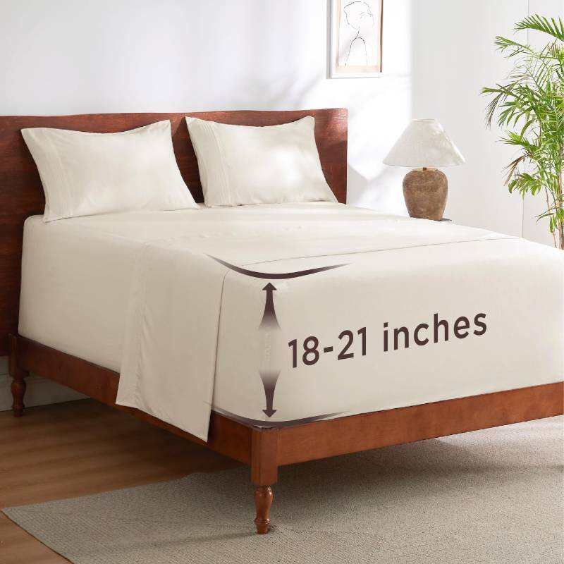 lot 25835 image: Bedsure Deep Pocket Queen Sheets Set - Fits Mattresses Up to 21 Inches Thick - 4 Piece GentleSoft Bed Sheets, Moisture Wicking, Soft & Cooling Bedsheet & Pillowcases, Easy & Secure Fit, Ivory - Retail $38