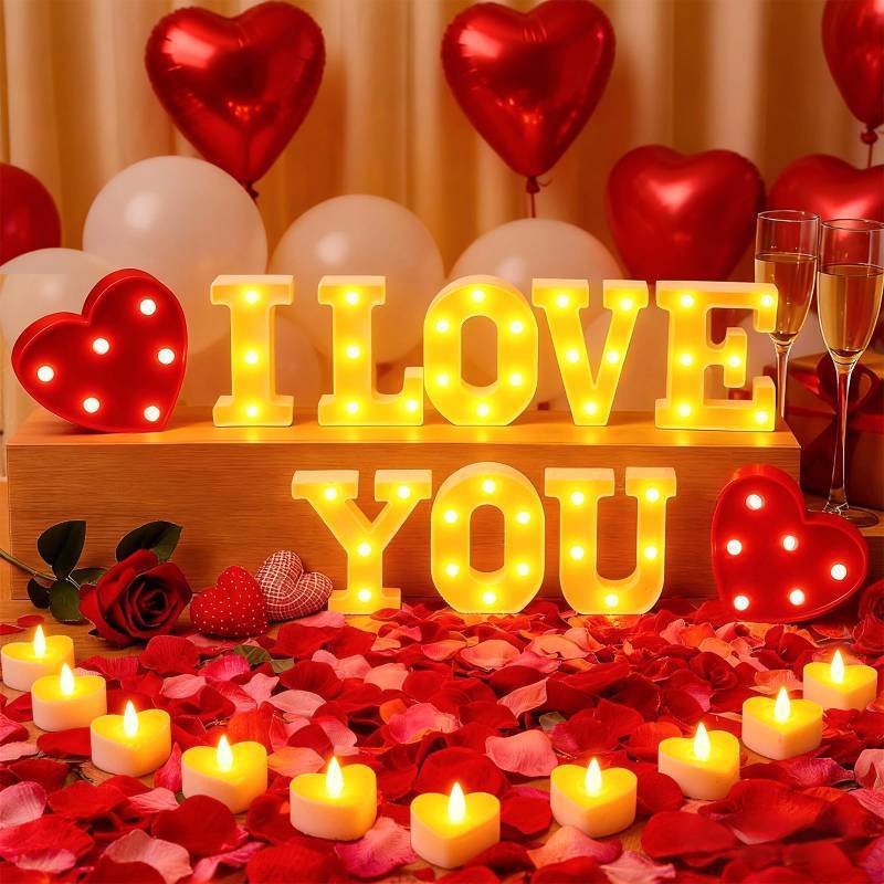 lot 25865 image: 73 PCS I Love You Light Up Letters Set, with 30 Tea Lights Candles, Rose Petals, Round Pearlescent Balloon, Aluminum Balloons, Romantic Valentines Day Wedding Engagement Birthday Party Decoration - Retail $34