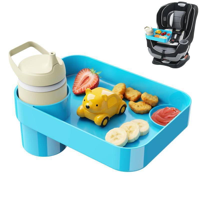 lot 25882 image: Car Seat Snack Tray for Toddlers - 3 Inch Cup Holder Fits Most Sippy Cups & Straw Bottles with Dip Well, Mess-Free Square Kids Travel Tray Road Trip Essentials, Sky Blue - Retail $20