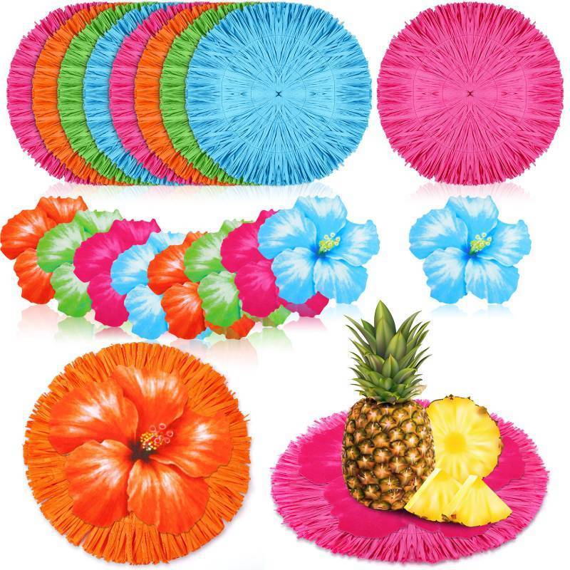 lot 43242 image: Sunnychicc 24 Pcs Luau Placemats and Flower Place Mat, Round Luau Fringe Place Mats Tropical Hibiscus Place Mats Bulk Summer Hawaiian Plate Table Placemats Tropical Party Supplies - Retail $39