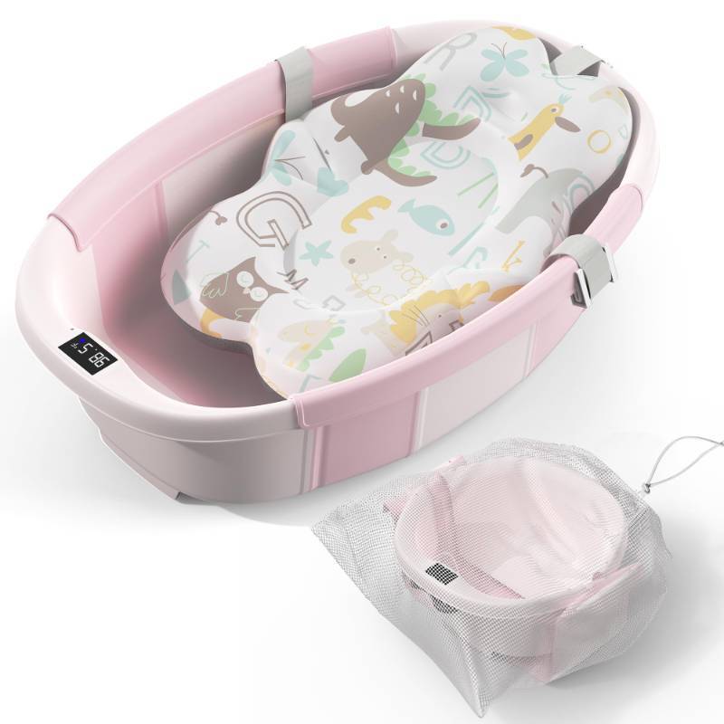 lot 60547 image: Collapsible Baby Bathtub - Large Baby Bath Tub with Thermometer & Cushion  Travel Portable Newborn Infant Bathtub  Foldable Toddler Bathtub for Baby 0 to 36 Months (Pink) - Retail $39