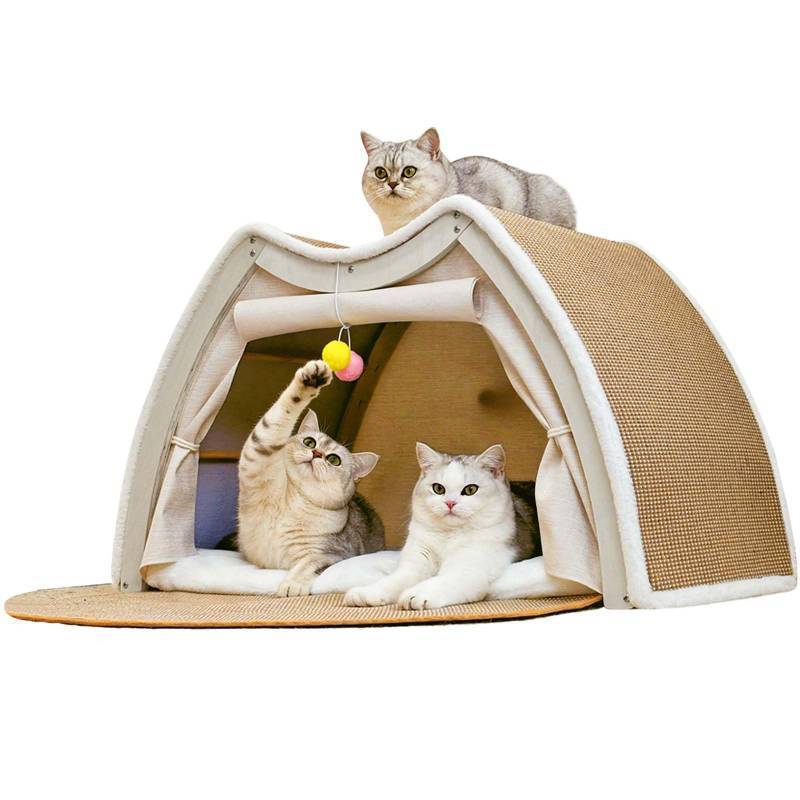 lot 60548 image: Cat Houses for Indoor Cats - 4 Seasons Cat Bed Cave with Natural Sisal Cat Scratcher Mat, Solid Wood Frame Cat House with Curtains and Cat Floor Scratching Pad Rug, Protect Couch and Carpets, M - Retail $55