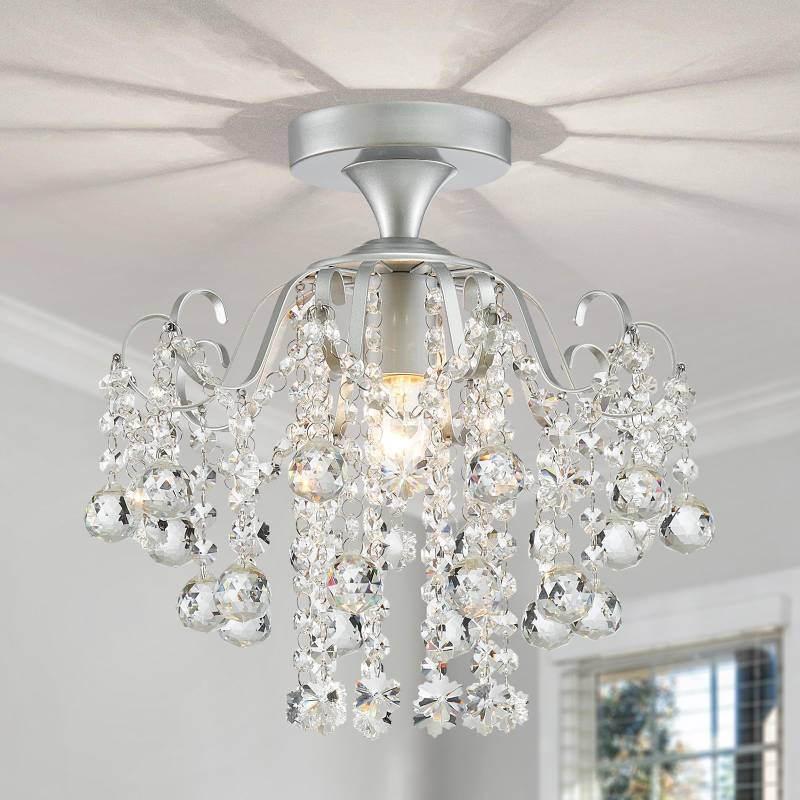 lot 60559 image: WUZUPS Crystal Chandelier Flushmount Ceiling Light Modern Lighting Fixture for Bedroom Hallway Bar Kitchen Bathroom, H 13.4 x W 12.6, E26 Base, Silver - Retail $46