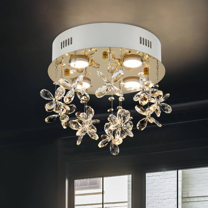 lot 60567 image: Aol furin 4-Lights Modern Chandelier K9 Crystal Lighting Fixture,11.8 Inch Round Stainless Steel Flush Mount Ceiling Lights for Bedroom Foyer Hallway Dining Room,GU10 Bulbs Include - Retail $70