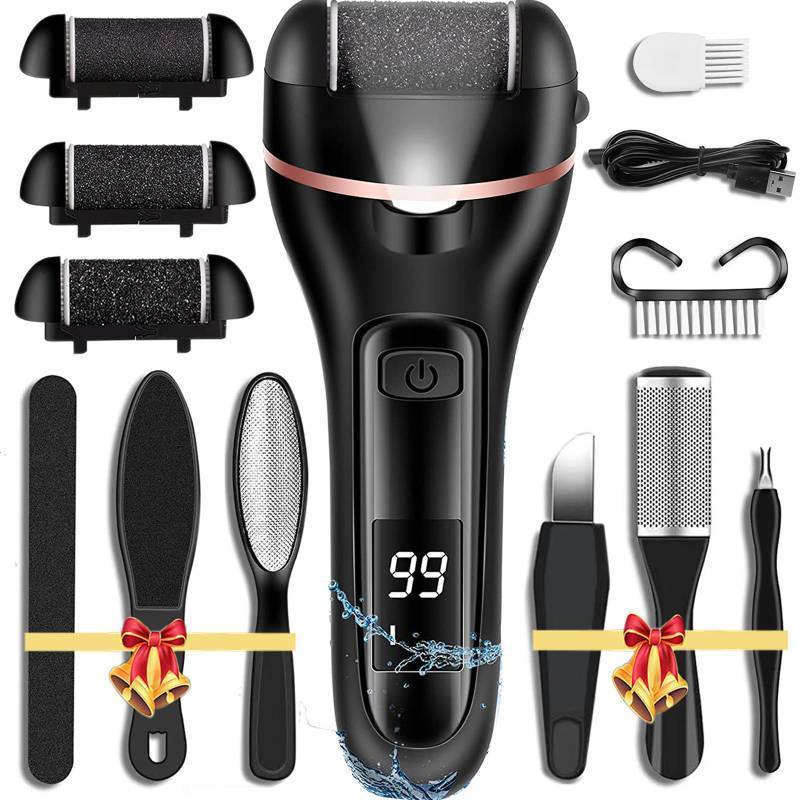 lot 9369 image: Callus Remover for Feet Electric Foot File, 13-in-1 Professional Pedicure Tools Foot Care Kit, Foot Scrubber Pedi for Hard Cracked Dry Dead Skin, 3 Rollers, 2 Speed, Battery Display (Black) - Retail $10