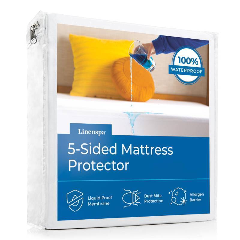 lot 19727 image: Linenspa 5-Sided Waterproof Mattress Protector Breathable, Fitted Sheet Style, Machine Washable California King Size Mattress Protector, White - Retail $21