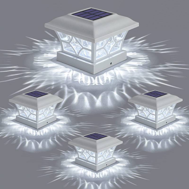 lot 19734 image: APONUO Solar Post Cap Lights 4 Pack with 1000mAh Battery - for 4x4 5x5 6x6 Fences, Larger Size & Longer Lasting, 2-Mode, IP64 Waterproof, for Deck Patio Yard (White) - Retail $50