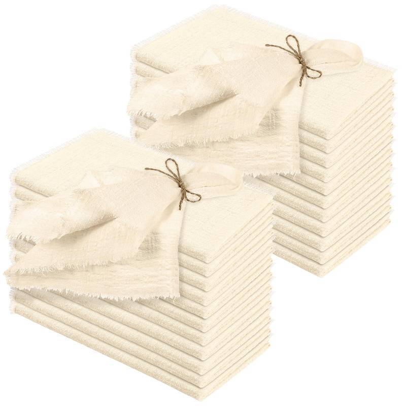 lot 19757 image: Preboun 24 Pcs Fringe Napkins Bulk Cloth Cotton Soft 17 x 17 Inch Rustic Reusable Washable Festive Square Table Napkins with Fringe for Parties Wedding Restaurant Table Accessory(Ivory) - Retail $27