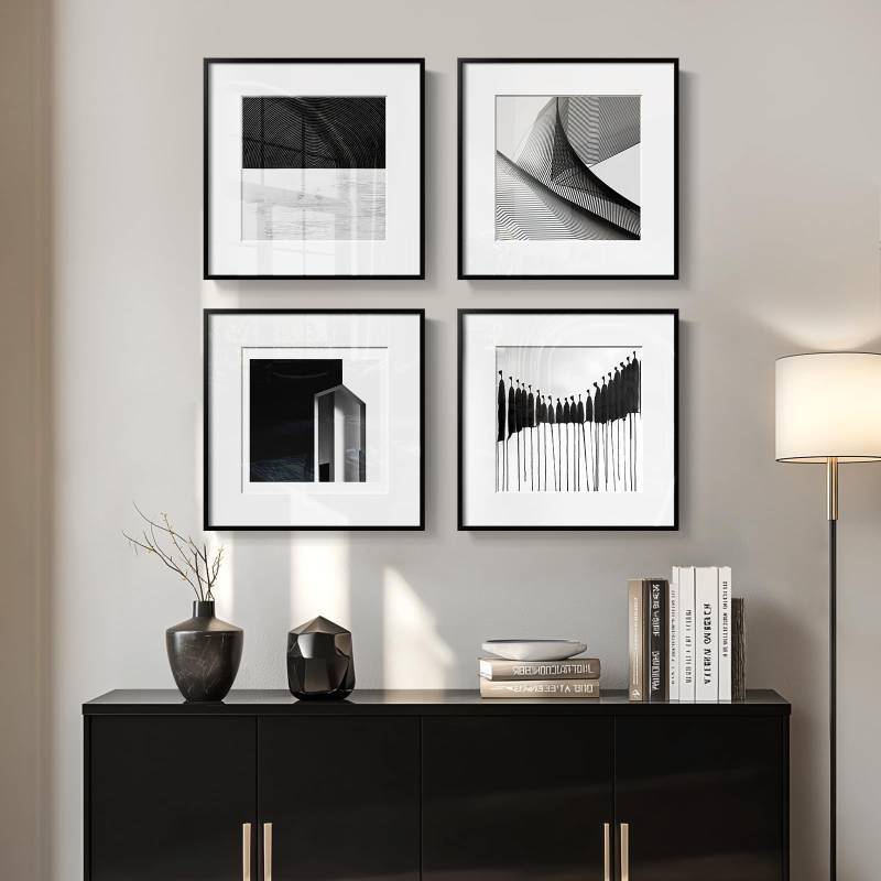 lot 25920 image: Framed Modern Canvas Wall Art Set of 4 Piece, Black and White Abstract Picture Prints, Geometric Line Minimalist Paintings Artwork for Bedroom, Living Room, Hallway and Office 12x12 Inch - Retail $70