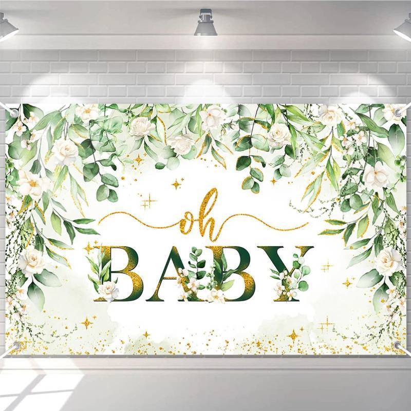 lot 25957 image: Avezano Greenery Boy Baby Shower Decorations Banner Floral Green Sage Oh Baby Backdrop Gold Glitter Greenery Leaves Gender Neutral Baby Shower Decorations (6x3.6ft) - Retail $10