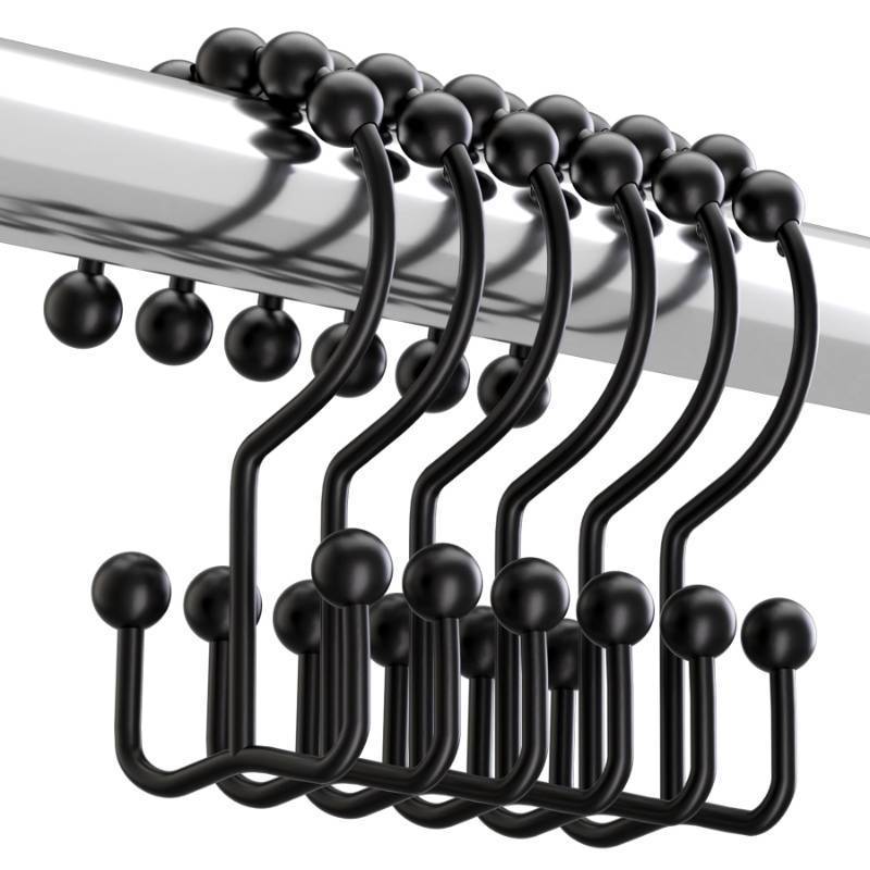 lot 28184 image: Titanker Black Shower Curtain Hooks Rings, Rust-Resistant Metal Double Glide Shower Hooks for Bathroom Shower Rods Curtains, Set of 12 Hooks - Matte Black - Retail $9