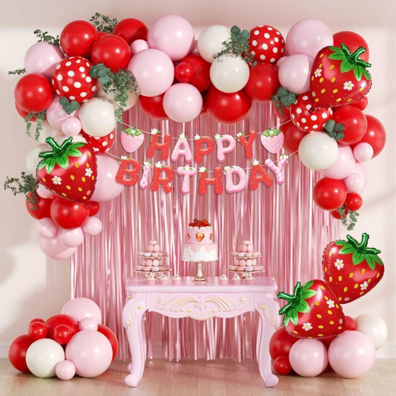 lot 28232 image: Strawberry Birthday Party Decorations with Pink Fringe Curtain Happy Birthday Banner Pink Red Sand White Balloons for Strawberry Themed 1st Baby Shower Party Decorations - Retail $13