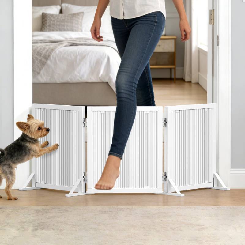 lot 62259 image: Cowhill Short Dog Gate 15.7Inch High, Free Standing Dog Gates for Doorways, Pet Gate Indoor for Small Medium Dogs, Foldable Freestanding Puppy Gate for Stairs Kitchen 3 & 4 Panel - Retail $76