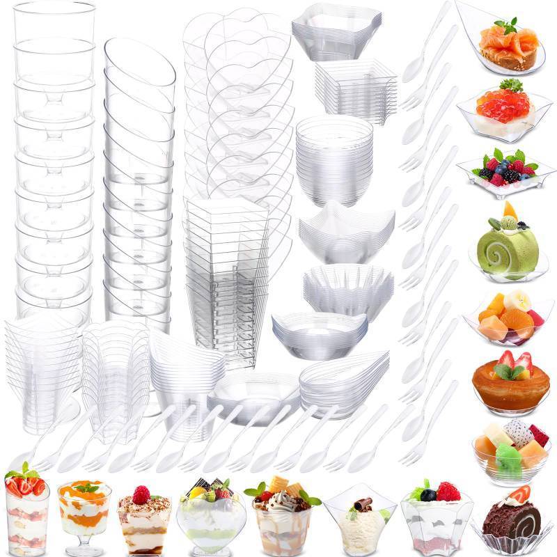 lot 9406 image: Honeydak 450 Pcs Disposable Clear Appetizer Plates with Spoons Forks 15 Styles Mini Dessert Cups 150 Forks 150 Spoons Plastic Dessert Containers Assorted Shape Parfait Cups for Wedding Party Serving - Retail $39