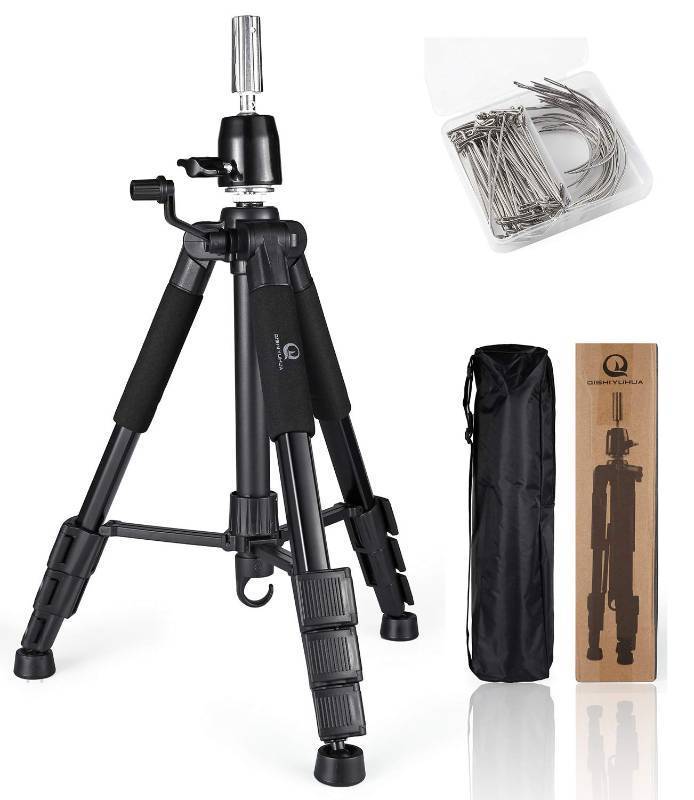 lot 9420 image: QISHI YUHUA Wig Stand Tripod with Non-Slip Base Adjustable Mannequin Head Stand with Hook Heavy Duty Manikin Head Tripod - Retail $35