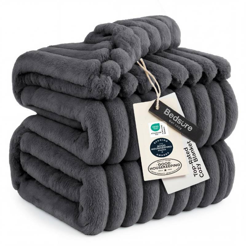 lot 9446 image: Bedsure GentleSoft Grey Fleece Queen Blanket for Couch - Cozy Soft Blankets for Women, Cute Small Throws for Girls, 90x90 Inches - Retail $33