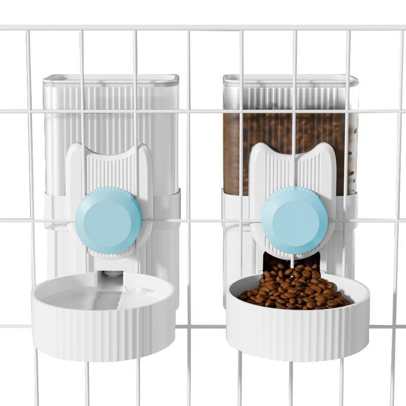 lot 26915 image: Hanging Cage Automatic Small Pet Food Bowl Water Bottle Dispenser, 1L Auto Gravity Pet Feeder and Waterer Set Kennel Feeding Station Crate Feeder Dish for Rabbit Puppy Cats Ferret (Blue) - Retail $24
