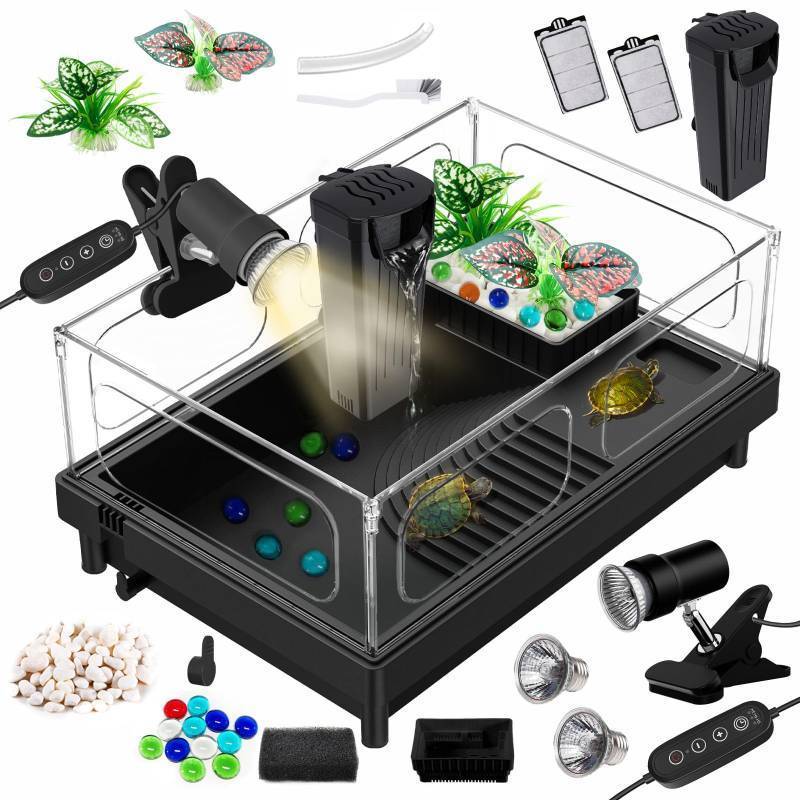 lot 45446 image: GOZILLA Small Turtle Tank Kit(TankLampFilter), Acrylic Turtle Starter Kit with Adjustable Lamp, Reptile Habitat and Terrarium with Multi-Functional Areas for Small Reptiles. (Black Kit) - Retail $39