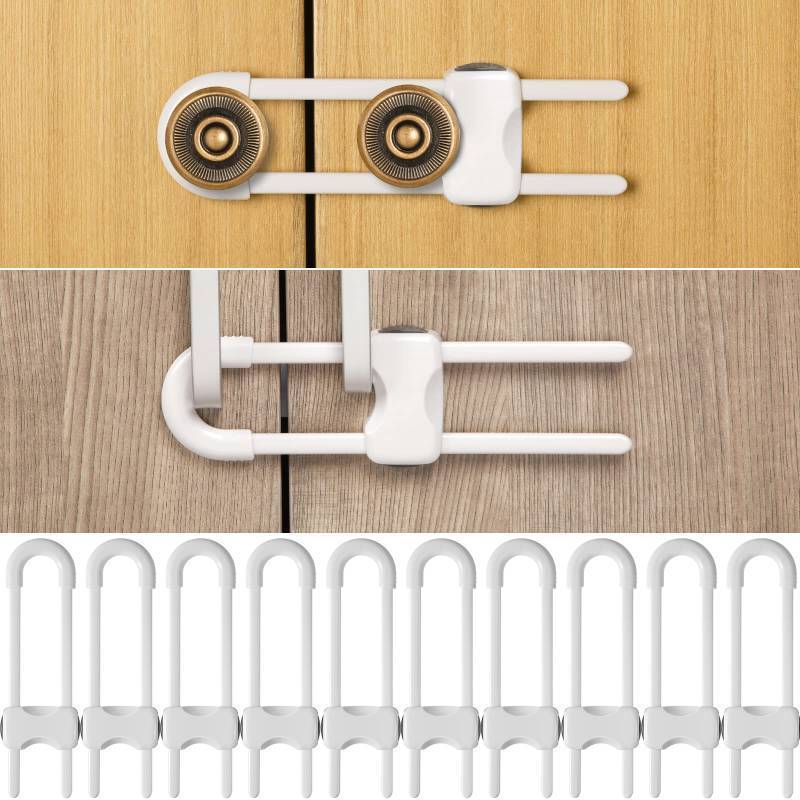 lot 24923 image: Jetec 10 Pieces Cabinet Locks for Babies, U-Shaped Proofing Drawers Safety Child Locks Adjustable, Easy to Use Childproof Latch for Knob Handle on Kitchen Door Storage Cupboard Closet (White) - Retail $15