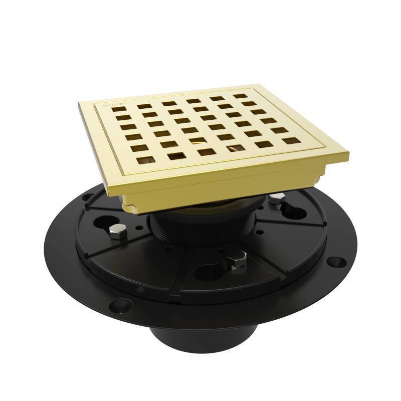 lot 25406 image: WEBANG 4 Inch Square Shower Floor Drain with Flange,Quadrato Pattern Grate Removable,Food-Grade SUS 304 Stainless Steel,Watermark&CUPC Certified, Brushed Gold - Retail $37