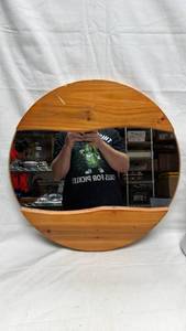 lot 10 image: Round Wall Mirror with Wood Frame and Hanging Hardware