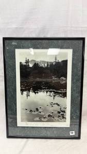 lot 316 image: Framed Black and White Photograph Mountain Lake Landscape with Handwritten Text