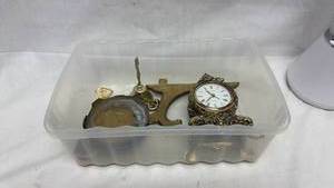 lot 18 image: Mixed Lot Decorative Metal Items��Small Clock, Miniature Shovels, & Round Dishes