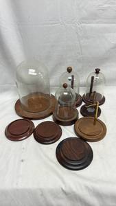 lot 20 image: 1 Glass Dome Cloche, 3 Plastic Dome Cloches with Wood Base Set